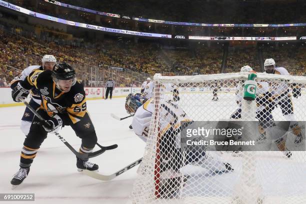 Jake Guentzel of the Pittsburgh Penguins scores a goal past Pekka Rinne of the Nashville Predators during the first period in Game Two of the 2017...