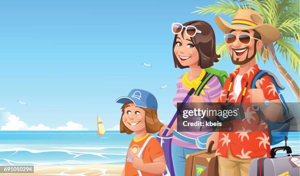 ilustraciones, imágenes clip art, dibujos animados e iconos de stock de vacaciones en familia en la playa - playa verano felicidad