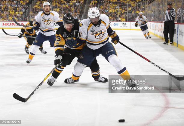 Subban of the Nashville Predators and Conor Sheary of the Pittsburgh Penguins battles for the puck during the second period of Game Two of the 2017...