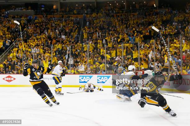 Phil Kessel of the Pittsburgh Penguins reacts after a goal by Evgeni Malkin during the third period in Game Two of the 2017 NHL Stanley Cup Final...