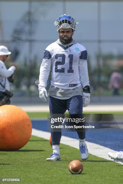 Dallas Cowboys running back Ezekiel Elliott looks on during the Dallas Cowboys OTA practice on May 31, 2017 at The Star in Frisco, Texas.