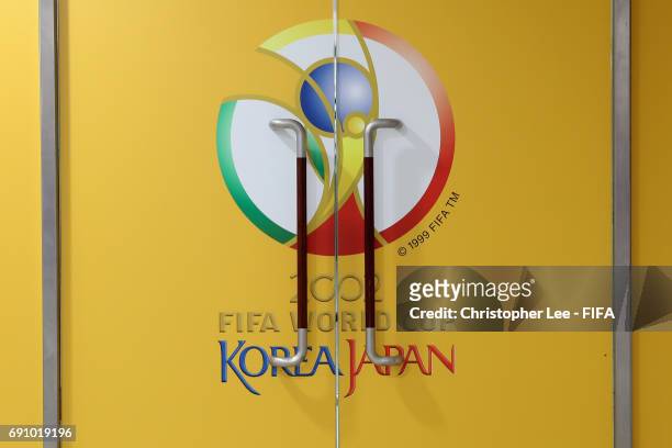 An old FIFA World Cup 2002 Korea and Japan logo is seen on a door during the FIFA U-20 World Cup Korea Republic 2017 Round of 16 match between Zambia...