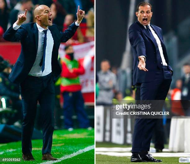 Combination of pictures created in London on May 31, 2017 shows Real Madrid's French coach Zinedine Zidane shouting instructions during the Spanish...