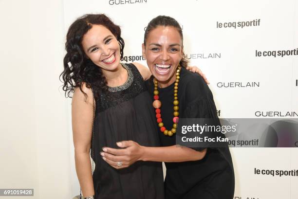 Presenters Laurence Roustandjee and Aida Touihri attend Le Coq Sportif x Guerlain photocall at the Le Coq Sportif Flagship on May 31, 2017 in Paris,...