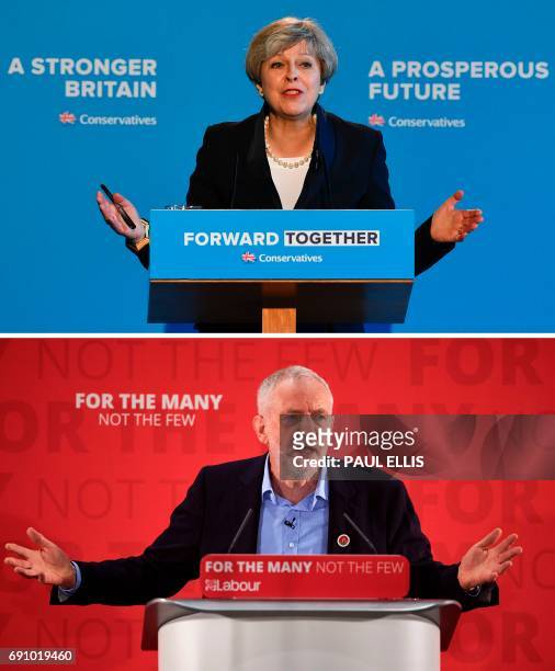 Combination of pictures created in London on May 31, 2017 shows Britain's Prime Minister Theresa May speaking during an event to launch the...