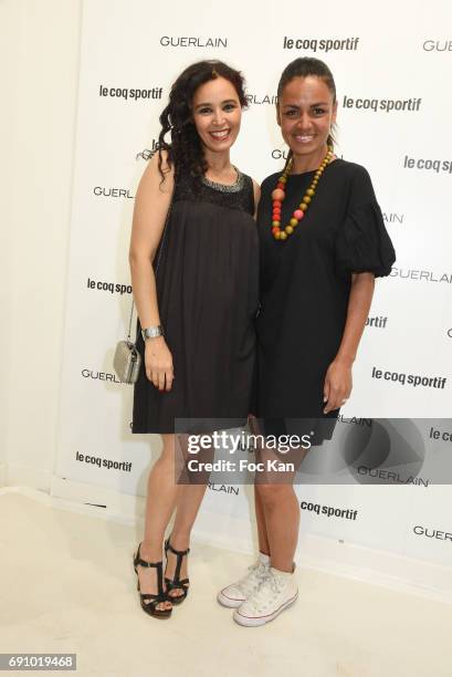 Presenters Laurence Roustandjee and Aida Touihri attend Le Coq Sportif x Guerlain photocall at the Le Coq Sportif Flagship on May 31, 2017 in Paris,...