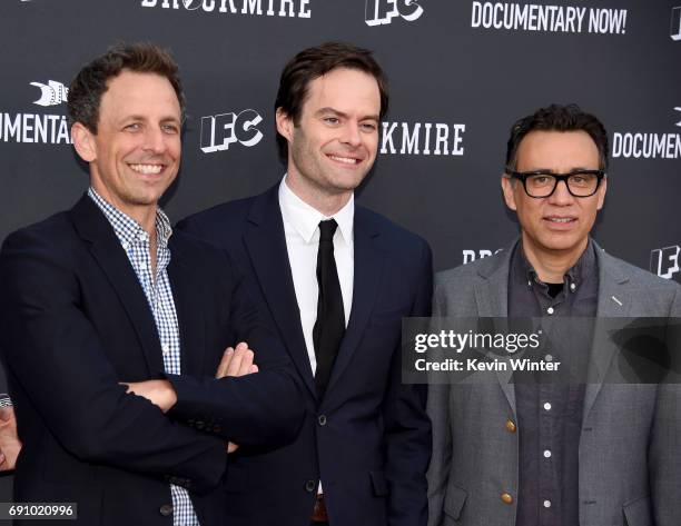 Actors Seth Meyers, Bill Hader and Fred Armisen arrive at the FYC event for IFC's "Brockmire" and Documentary Now!" at the Saban Media Center on May...