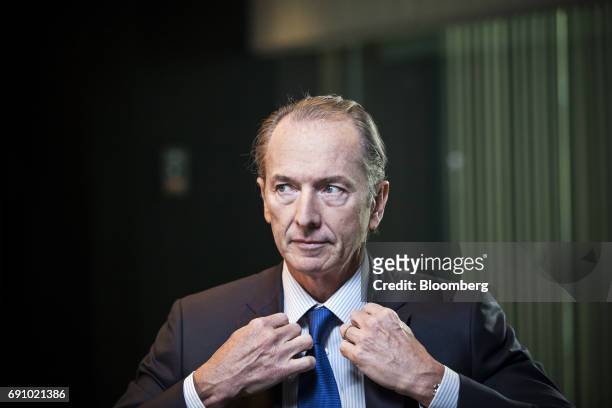 James Gorman, chief executive officer of Morgan Stanley, fixes his jacket during a Bloomberg Television interview on the sidelines of the Morgan...