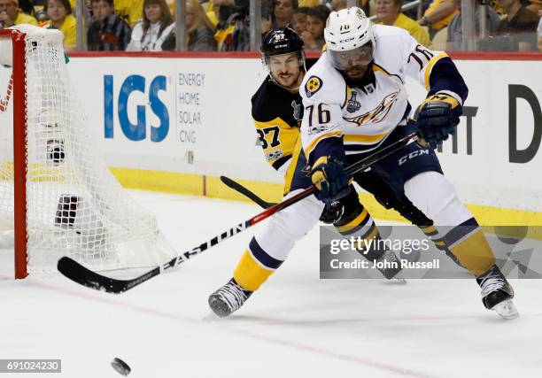 Subban of the Nashville Predators is chased by Sidney Crosby of the Pittsburgh Penguins during the second period of Game Two of the 2017 NHL Stanley...