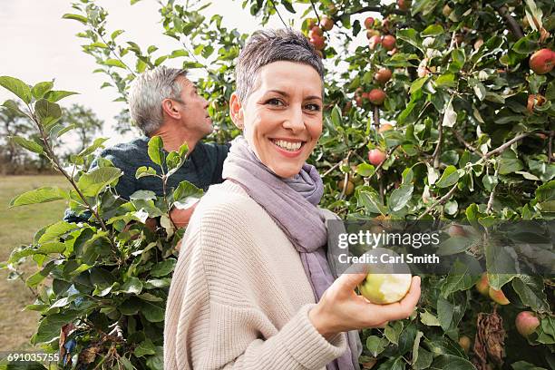 portrait of happy woman eating apple in orchard - 45 couple stockfoto's en -beelden