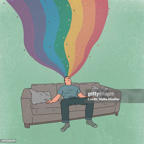 illustrative image of tired man sleeping on sofa while dreaming about rainbow and stars - man sleep stock illustrations
