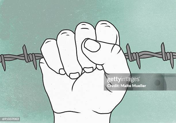 vector image of prisoner holding barbed wire against colored background representing escapism - prisoner stock illustrations