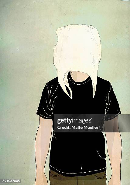 illustration of man wearing shopping bag on face against colored background representing hiding ide - hidden identity stock illustrations