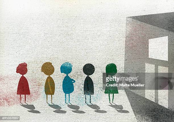 illustration of children standing in queue by school building representing education - education stock illustrations