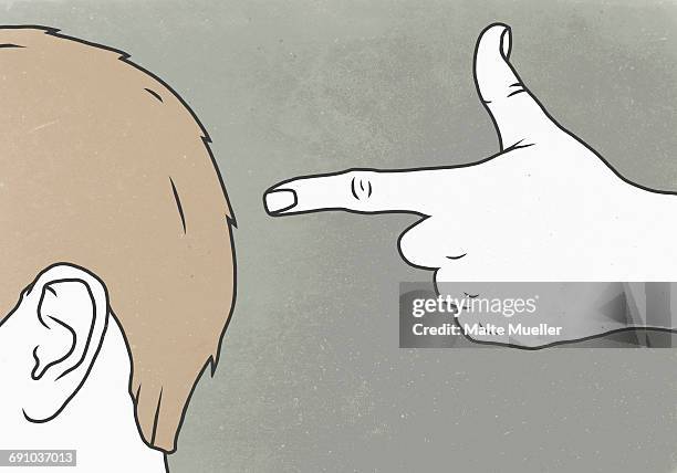 stockillustraties, clipart, cartoons en iconen met illustrative image of hand gesturing shooting head against gray background - studio shot