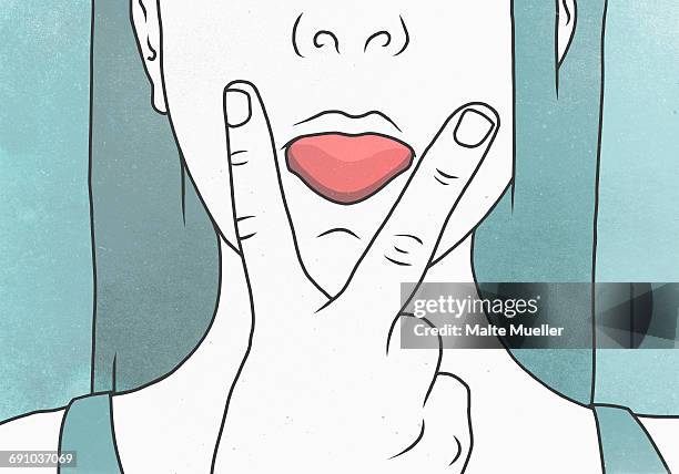 illustration of woman with v sign against face representing obscene gesture - sticking out tongue stock illustrations