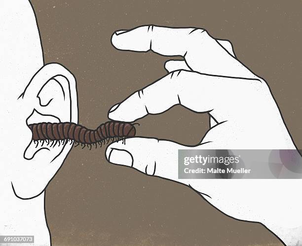 illustration of man pulling maggot from ear against colored background - human ear close up stock illustrations