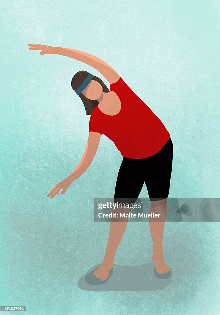 Vector image of woman stretching while practicing yoga against blue background