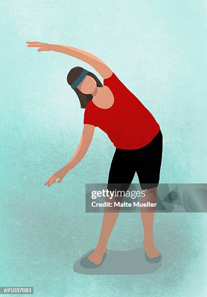 vector image of woman stretching while practicing yoga against blue background - stretching stock illustrations