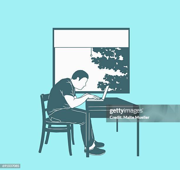 illustration of man using laptop against window representing working at home - house side view illustration stock illustrations