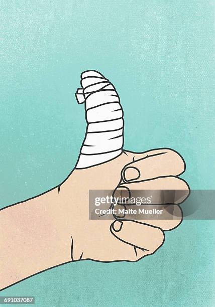 illustration of hand with bandage wrapped on thumb against colored background - first aid kit stock illustrations