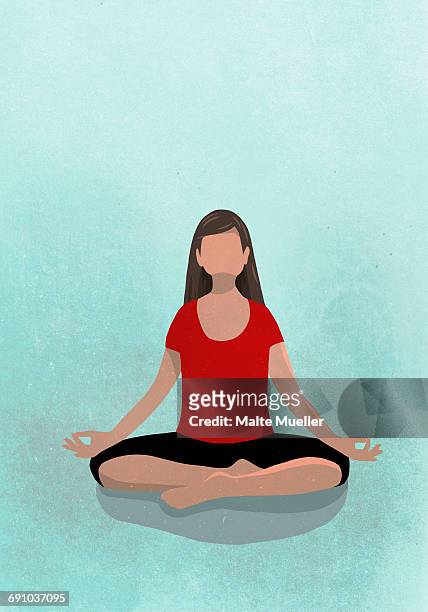 ilustraciones, imágenes clip art, dibujos animados e iconos de stock de vector image of woman sitting in lotus position against blue background depicting healthy lifestyle - yoga illustration