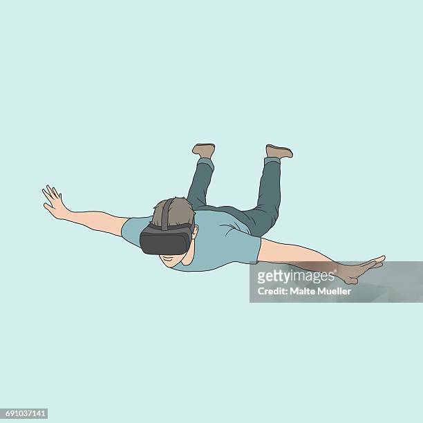 illustration of man wearing virtual reality headset falling against colored background - virtual reality stock illustrations