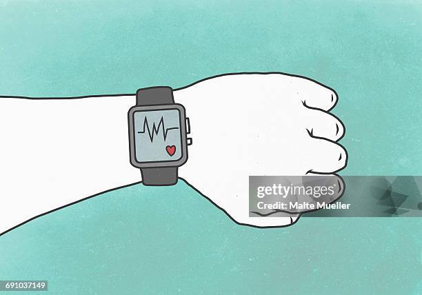 illustration of hand wearing smart watch with pulse trace representing healthy lifestyle - heart monitor watch stock illustrations