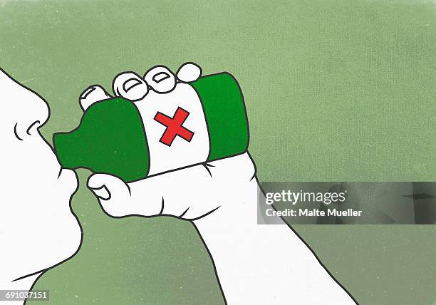 illustrazioni stock, clip art, cartoni animati e icone di tendenza di illustration of man drinking poison against green background representing suicide - suicidio