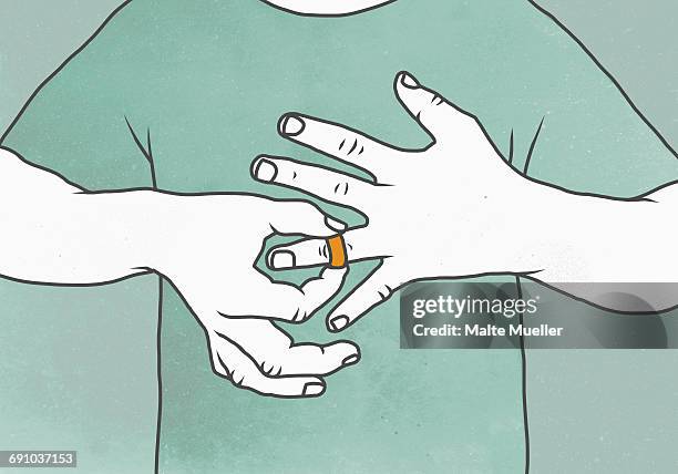 ilustraciones, imágenes clip art, dibujos animados e iconos de stock de illustration of man removing wedding ring representing relationship difficulties - divorcio