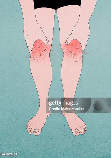 ilustraciones, imágenes clip art, dibujos animados e iconos de stock de illustration of man suffering from knee pain against colored background - hombre sensible