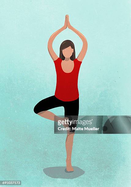 vector image of woman practicing tree pose against blue background representing healthy lifestyle - standing stock illustrations