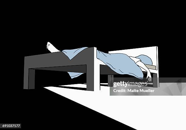 illustrative image of tired man sleeping on bed in darkroom - dark room stock-grafiken, -clipart, -cartoons und -symbole