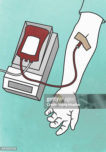 ilustrações de stock, clip art, desenhos animados e ícones de illustration of hand with syringe representing blood donation - blood bag stock illustrations