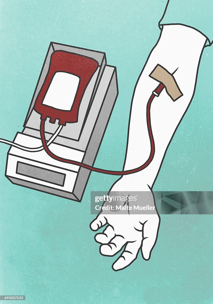 Illustration of hand with syringe representing blood donation