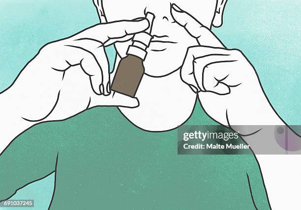 ilustraciones, imágenes clip art, dibujos animados e iconos de stock de illustration of a man using nasal spray - sección del medio