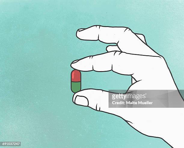 ilustraciones, imágenes clip art, dibujos animados e iconos de stock de illustration of hand holding capsule - pil