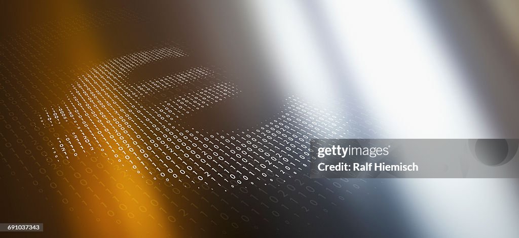 Close-up of euro symbol made of binary code over abstract background