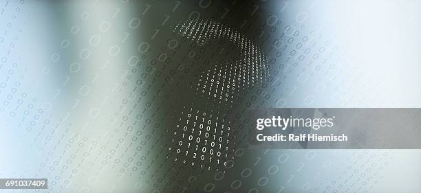 low angle view of question mark made from binary numbers over colored background - virtual studio set stock illustrations
