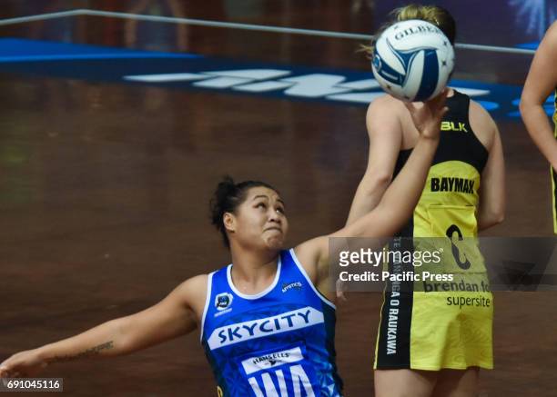 Elisapeta Toava of Mystics takes a pass during the ANZ Premiership netball match between Mystics and Pulse at North Shore Event Center.
