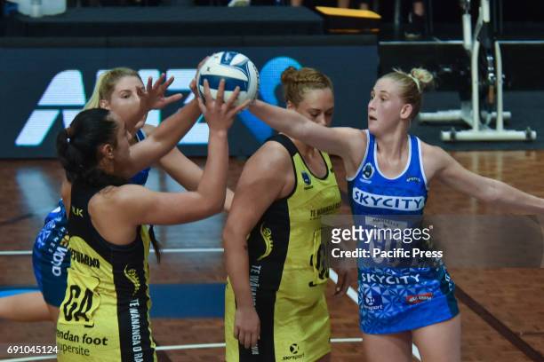Michaela Sokolich-beatson of Mystics and Tiana Metuarau of Pulse complete for the ball during the ANZ Premiership netball match between Mystics and...