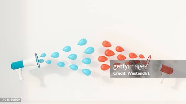 two megaphones with balloons as sound waves, 3d rendering - red megaphone stock illustrations
