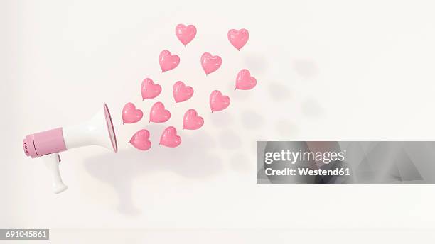 megaphone with pink heart-shaped balloons as sound waves, 3d rendering - heart shape 3d stock illustrations