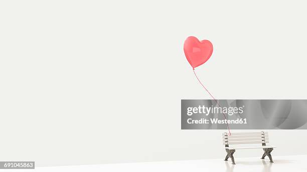 red heart-shaped balloon attached to white bench, 3d rendering - park bench stock illustrations