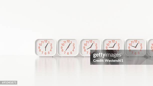 alarm clocks in a row, 3d rendering - multiple clocks stock illustrations