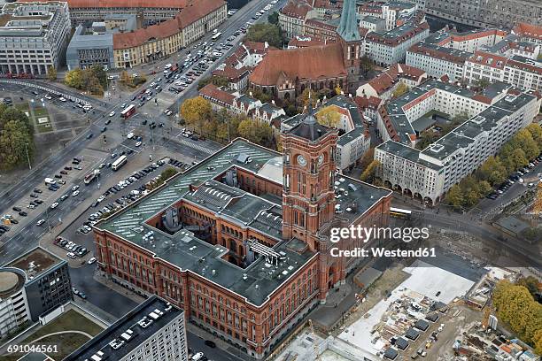 germany, berlin, red town hall seen from above - marktplatz stock-fotos und bilder