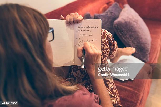 woman writing in notebook - blank brochure stockfoto's en -beelden