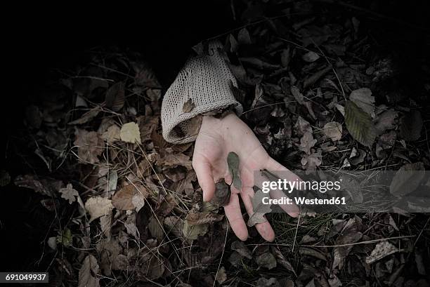 woman's hand on forest floor - zelfmoord stockfoto's en -beelden