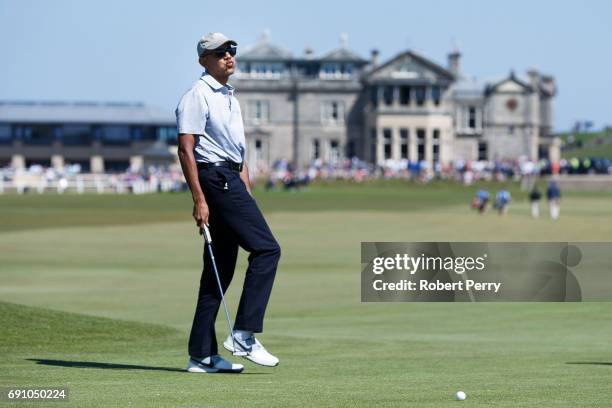 Former United States President Barack Obama plays a round of golf at the Old Course on May 26, 2017 in St Andrews, Scotland.