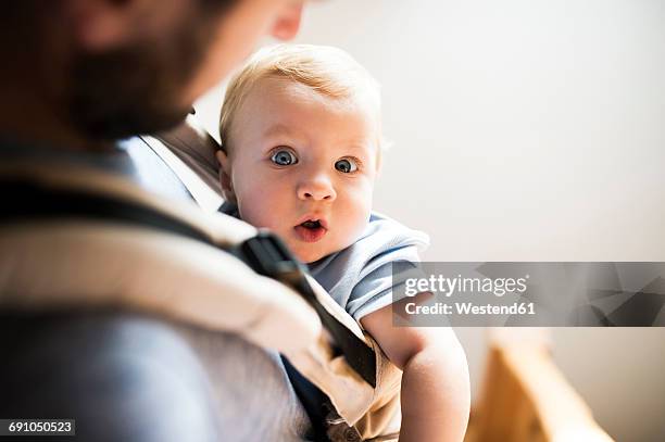 happy father with baby in baby carrier at home - portabebés fotografías e imágenes de stock